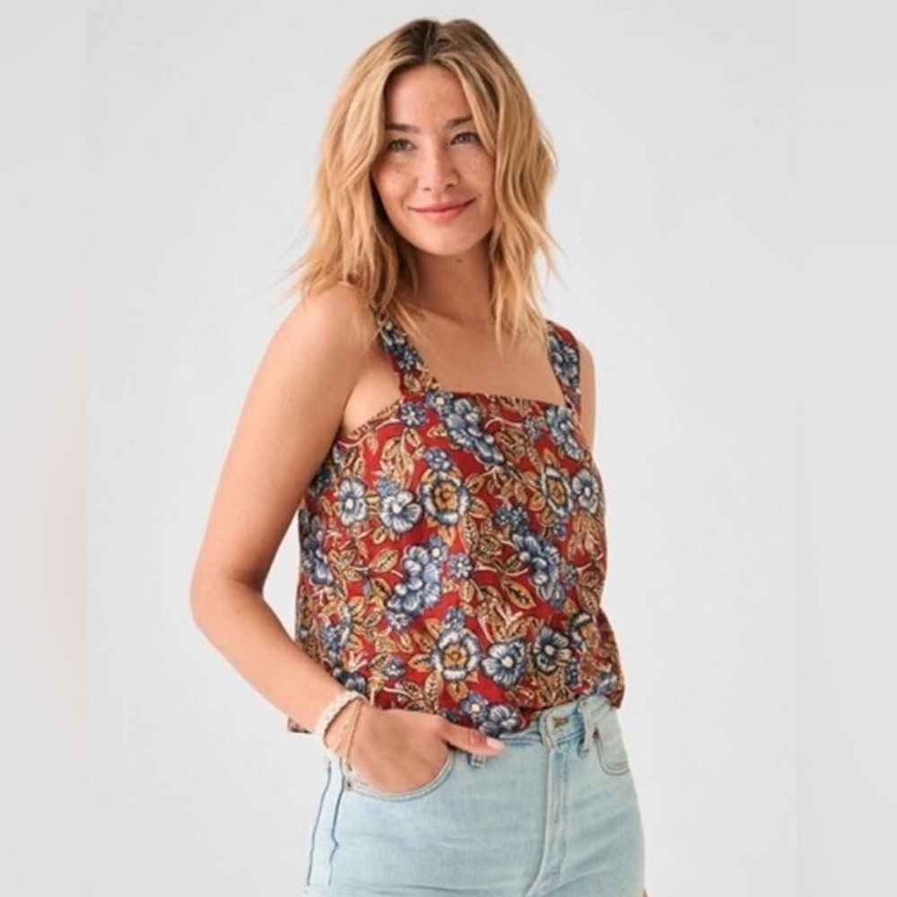 Faherty Red Desert Bloom Floral Pacifica Linen Tank Top Sz. M
